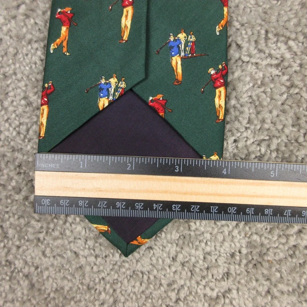 Vintage Polo Ralph Lauren Tie Mens Green Golfer Printed Silk Made In USA Novelty